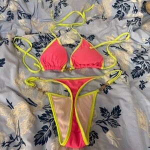 Neon pink and yellow bikini set with tarnished gold hardware
